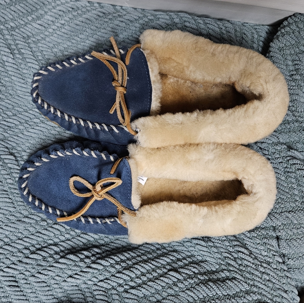 Cozy Blue and Tan Moccasin Slippers
